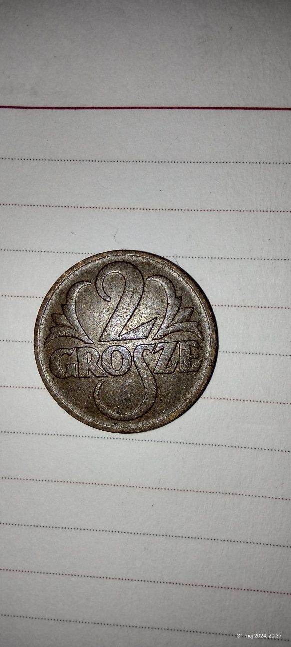 Moneta monety Polska 2 grosze oraz 5, znak WJ, herb Kościesza