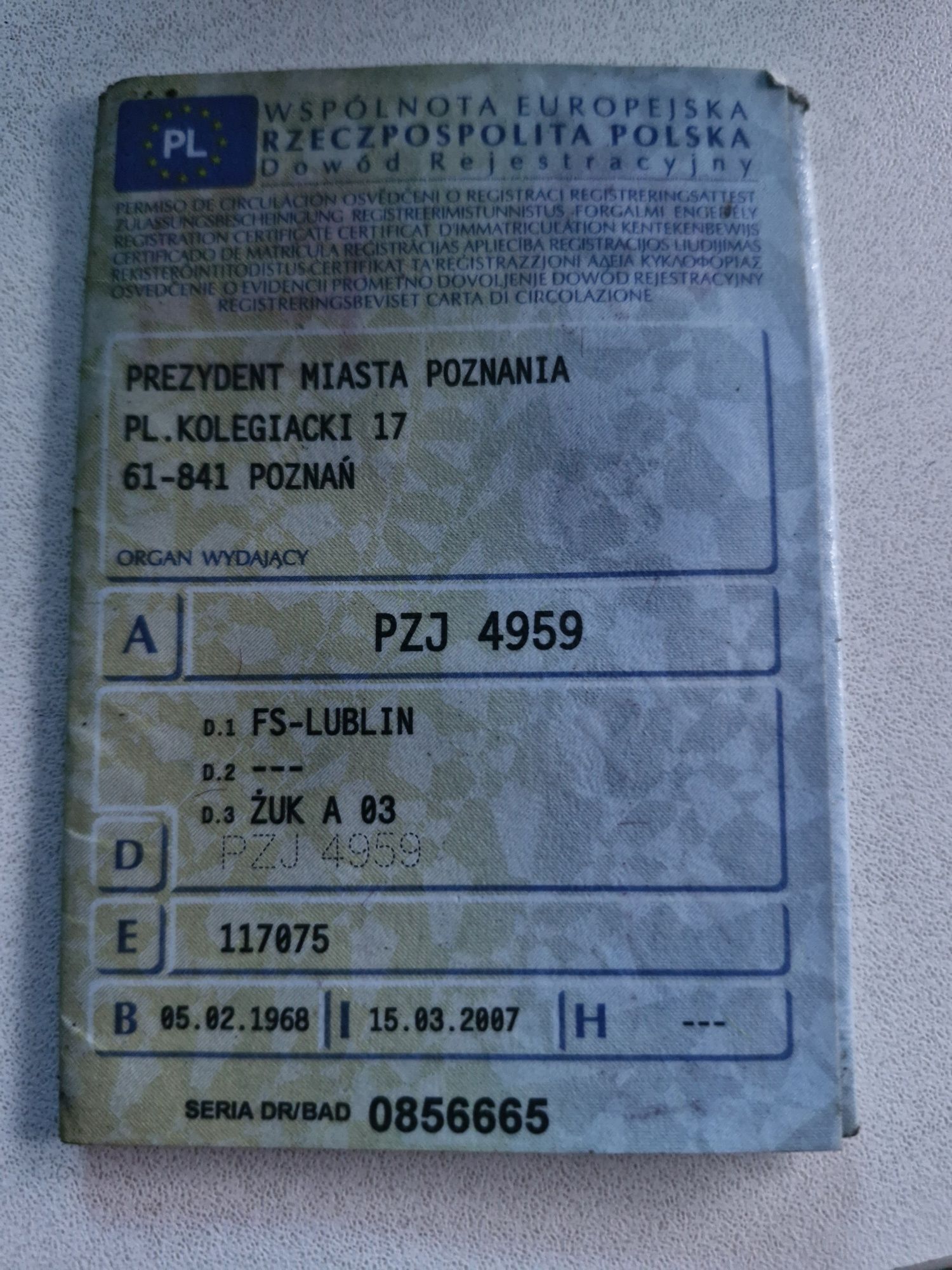 Dowod rejestracyjny Żuk smutek 1967r