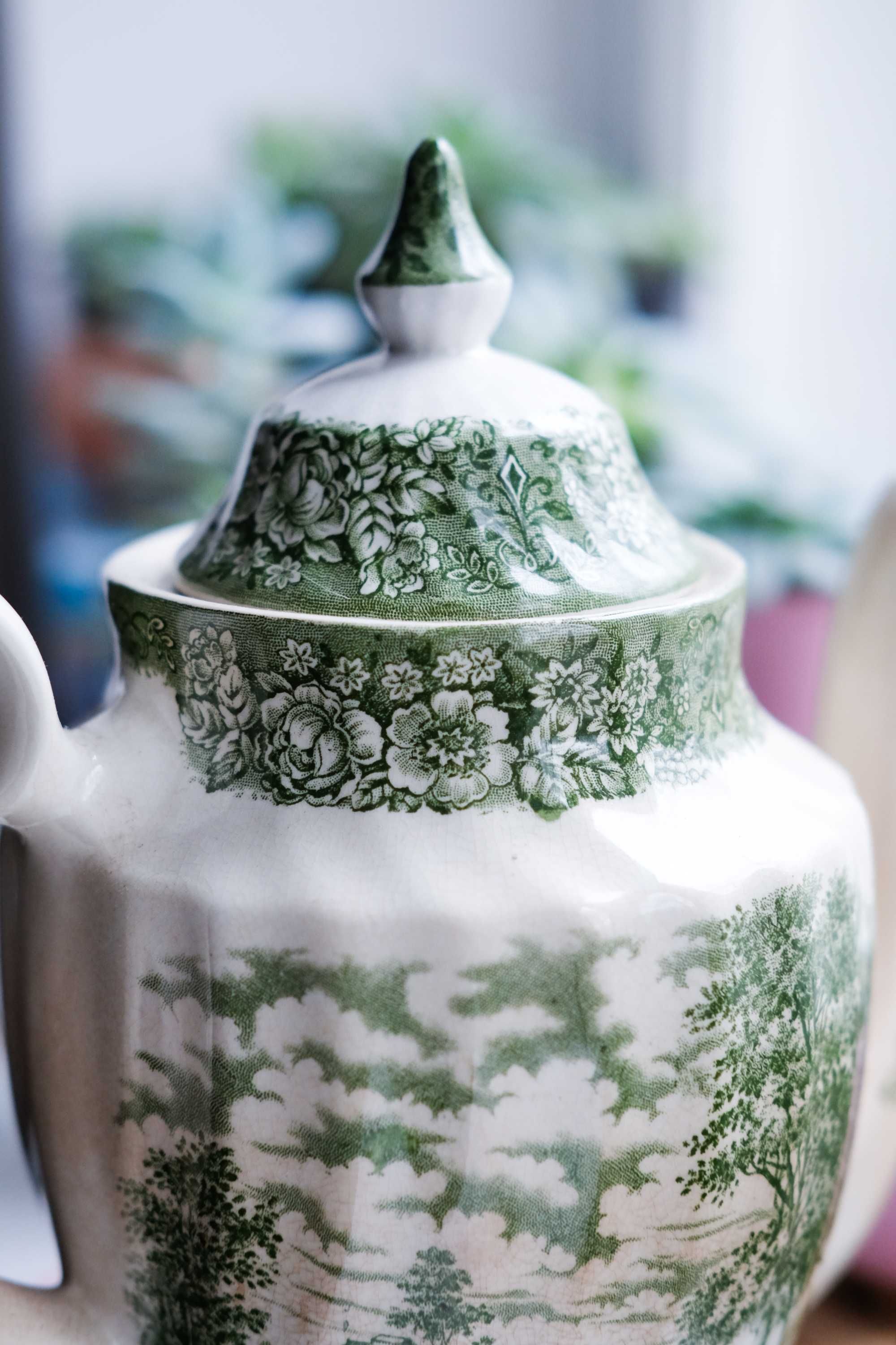 Винтаж Англия чайник заварник зеленый белый, винтажный фарфор посуда