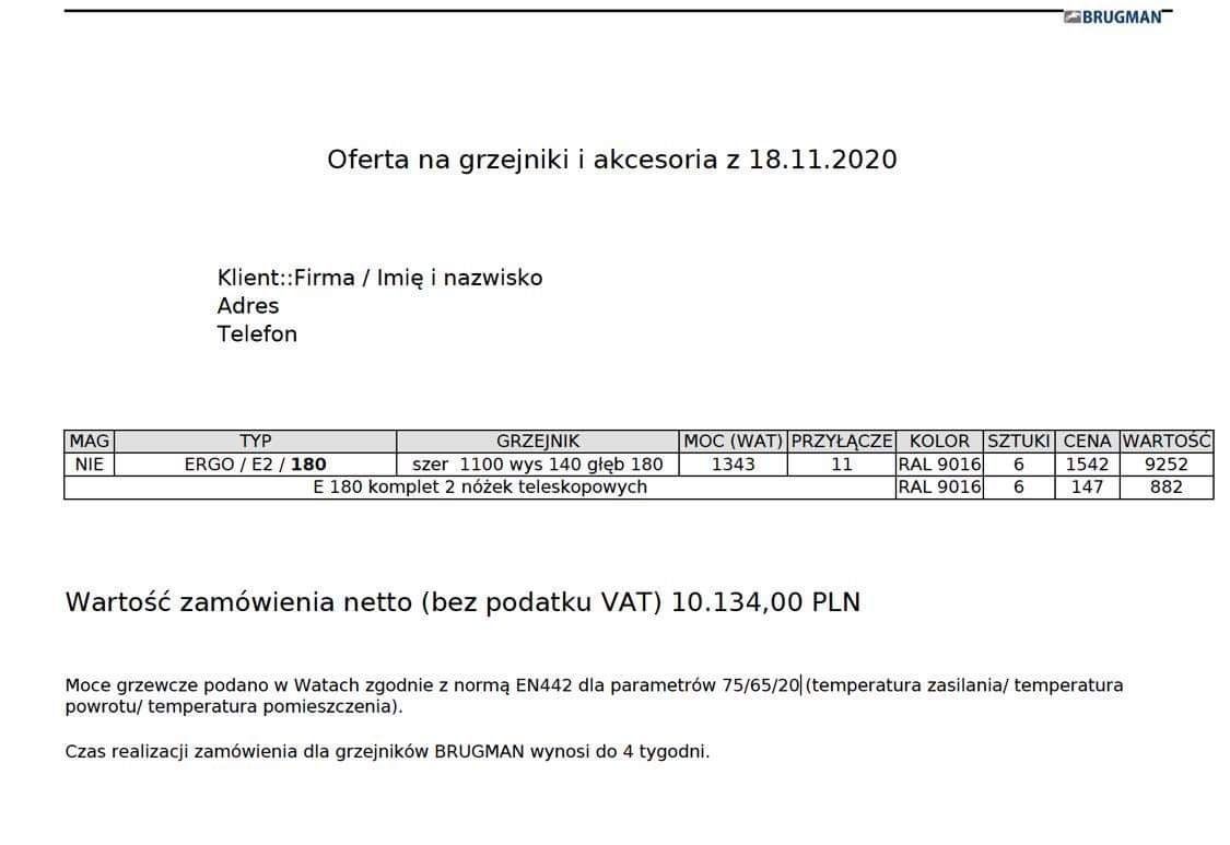 Grzejnik podłogowy Brugman seria Ergo - E2 180 - 2 sztuki z nóżkami