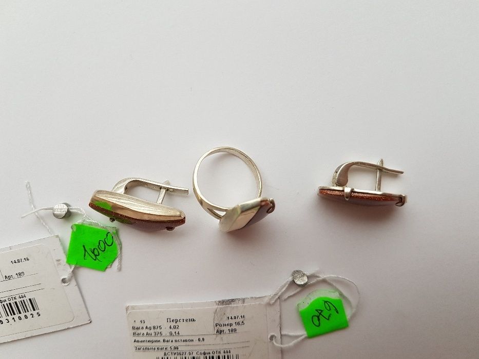 Комплект серьги и кольцо из серебра со вставкой из золотой пластины