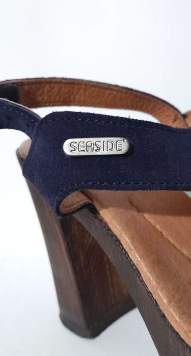 Sandálias azuis compensadas em pele e madeira Seaside nº 36