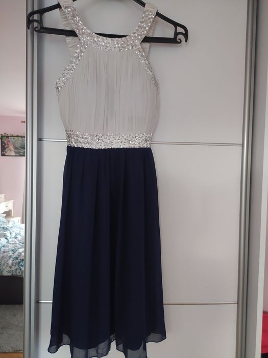 Elegancka Sukienka biała granatowa z cekinami 34/36