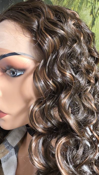 Peruka lace front 66cm brąz z refleksami +czepek gratis
