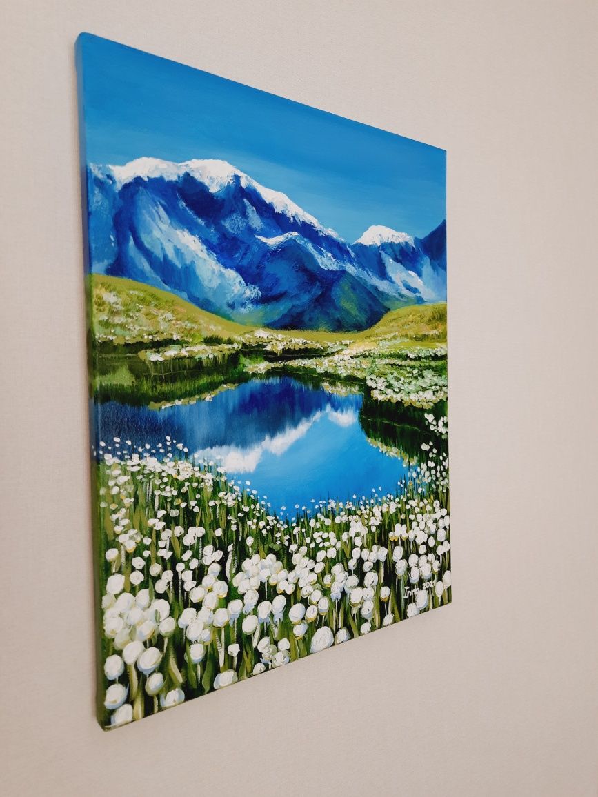 Картина маслом гірське озеро,35×46см