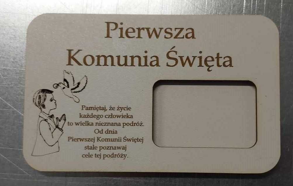 Kartka Powinszowanie Pierwsza Komunia Święta IHS imię na kasę Chłopiec