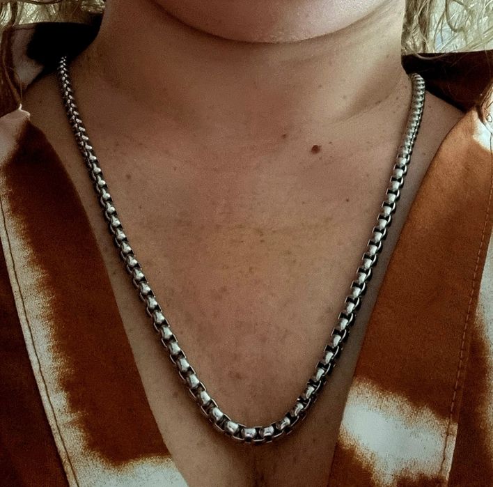 Colar prateado, em aço, malha Tashi. Cerca de 29cm de comprimento.