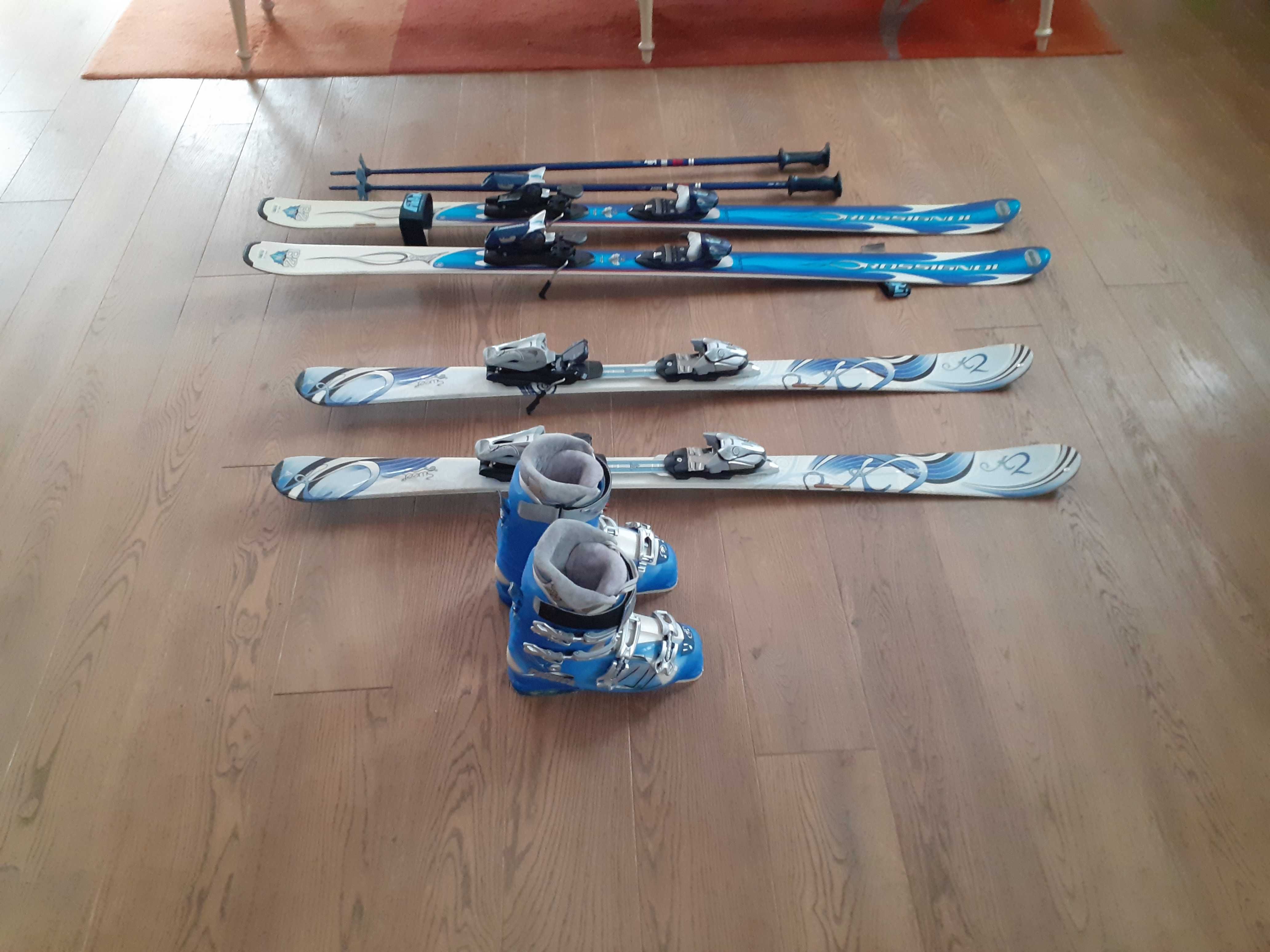 2 pary nart 142cm (K2) i 174cm (Rossignol Bandit B2), kijki, torba