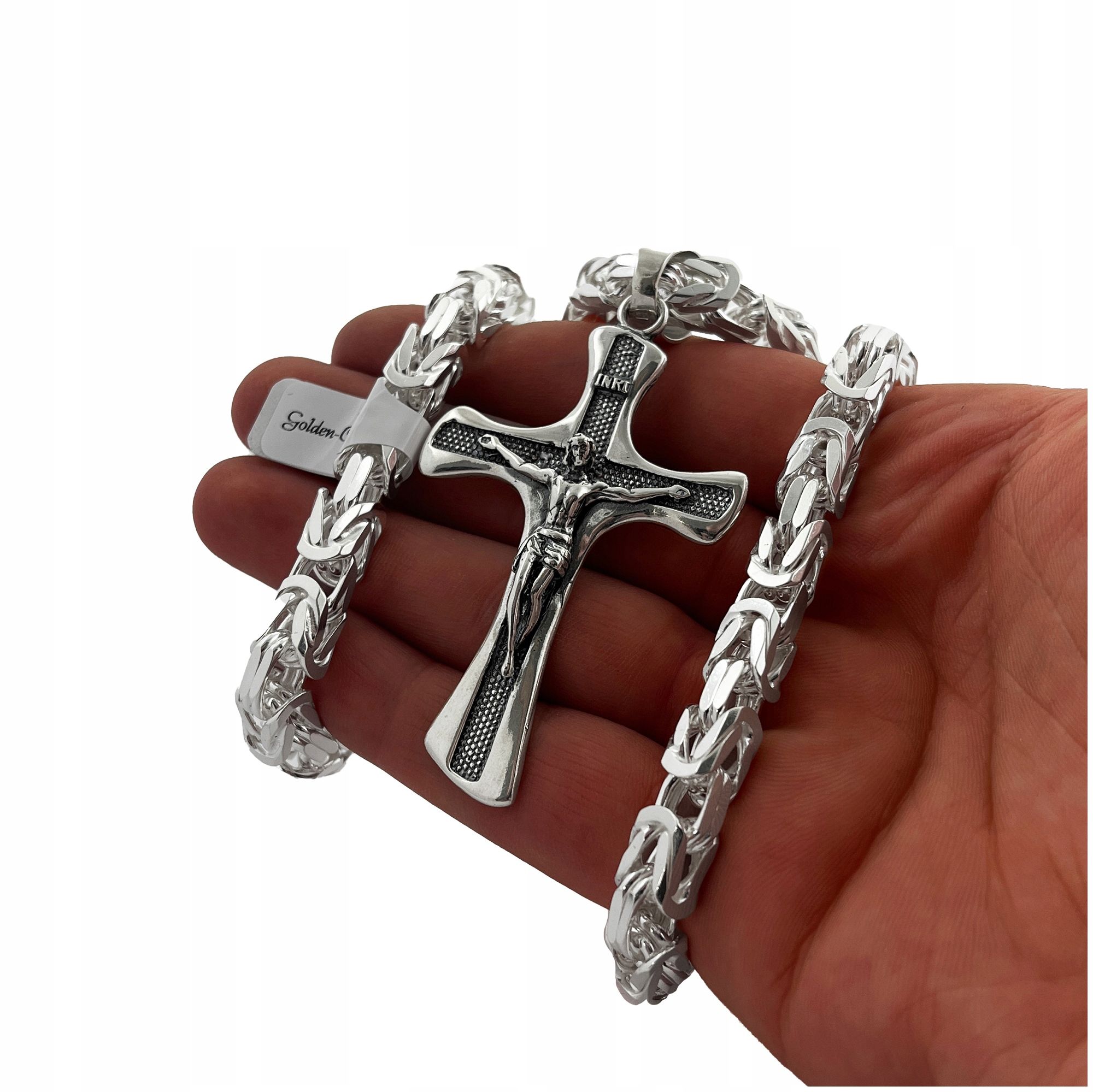 Elegancki Srebrny Łańcuszek Męski Splot Królewski+duży Krzyż Z Jezusem
