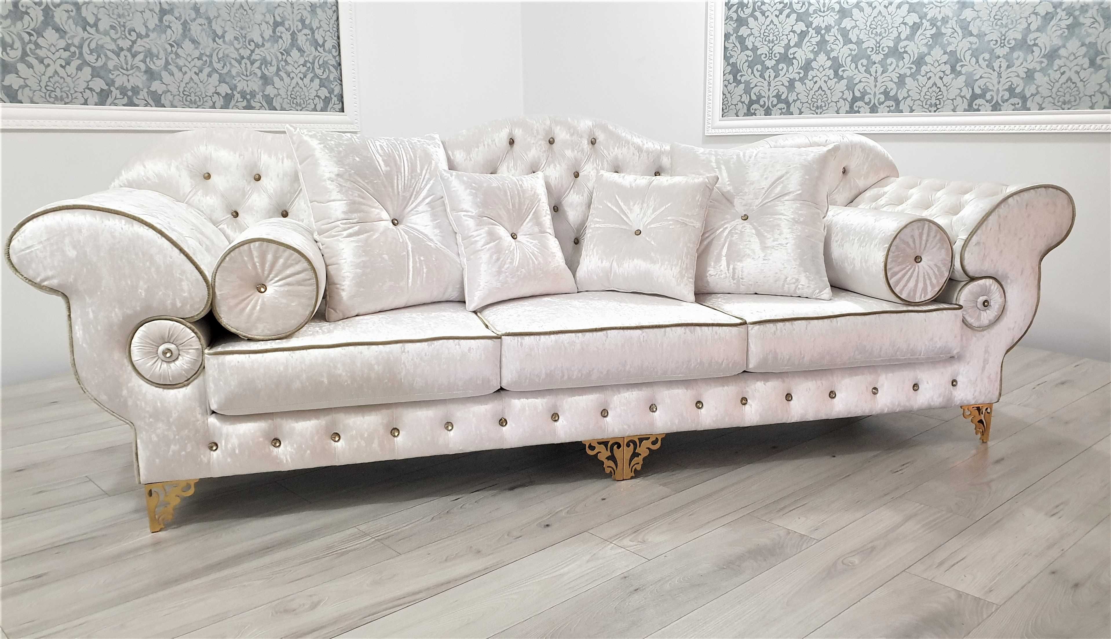 Sofa GLAMOUR Preston Big White + GOLD 263cm