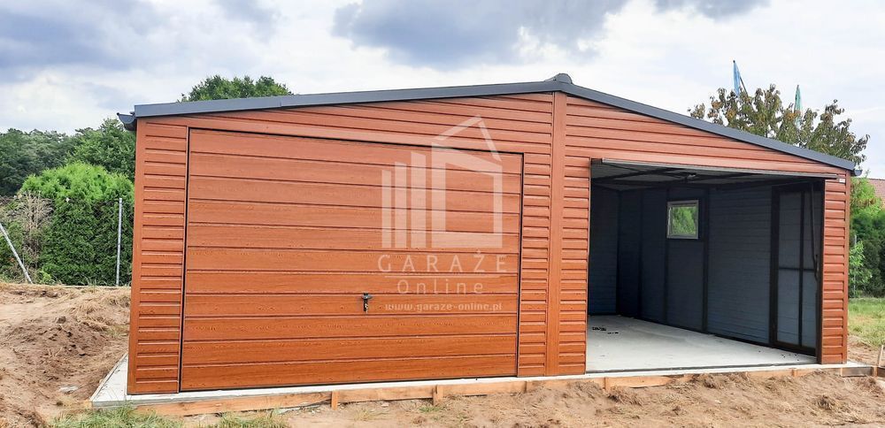 GARAŻ BLASZANY 7x6 dwuspad 2x Brama + drzwi - drewnopodobny ID128