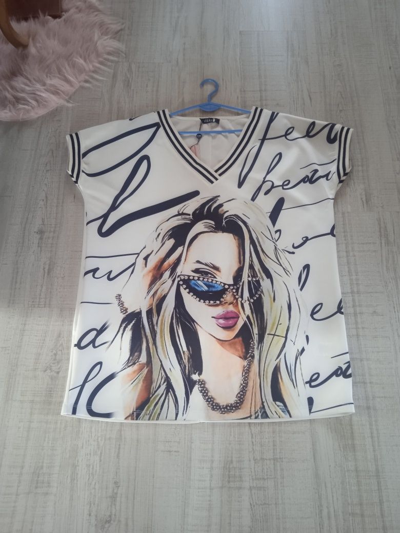 Nowa duża bluza tunika z krótkim rękawem nadruk plus size