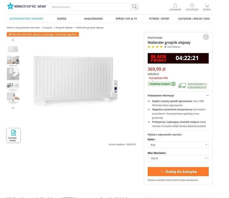 Klarstein OneConcept Wallander grzejnik olejowy 1000W 45% ceny!