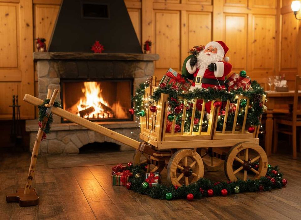 Drewniany wózek ogrodowy – dekoracja ogrodu, restauracji, studia foto