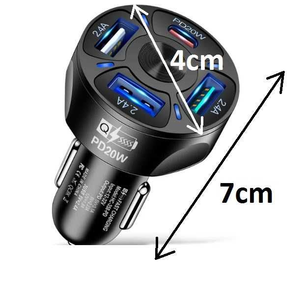 Ładowarka samochodowa 3x USB + 1x USB C - PD20W + kabelek