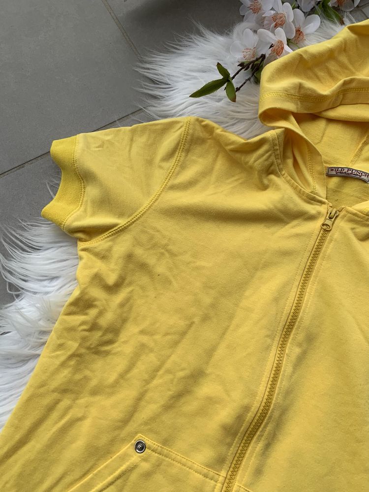 Bluza na krótki rękaw z kapturem vintage retro bluzka zapinana (M)