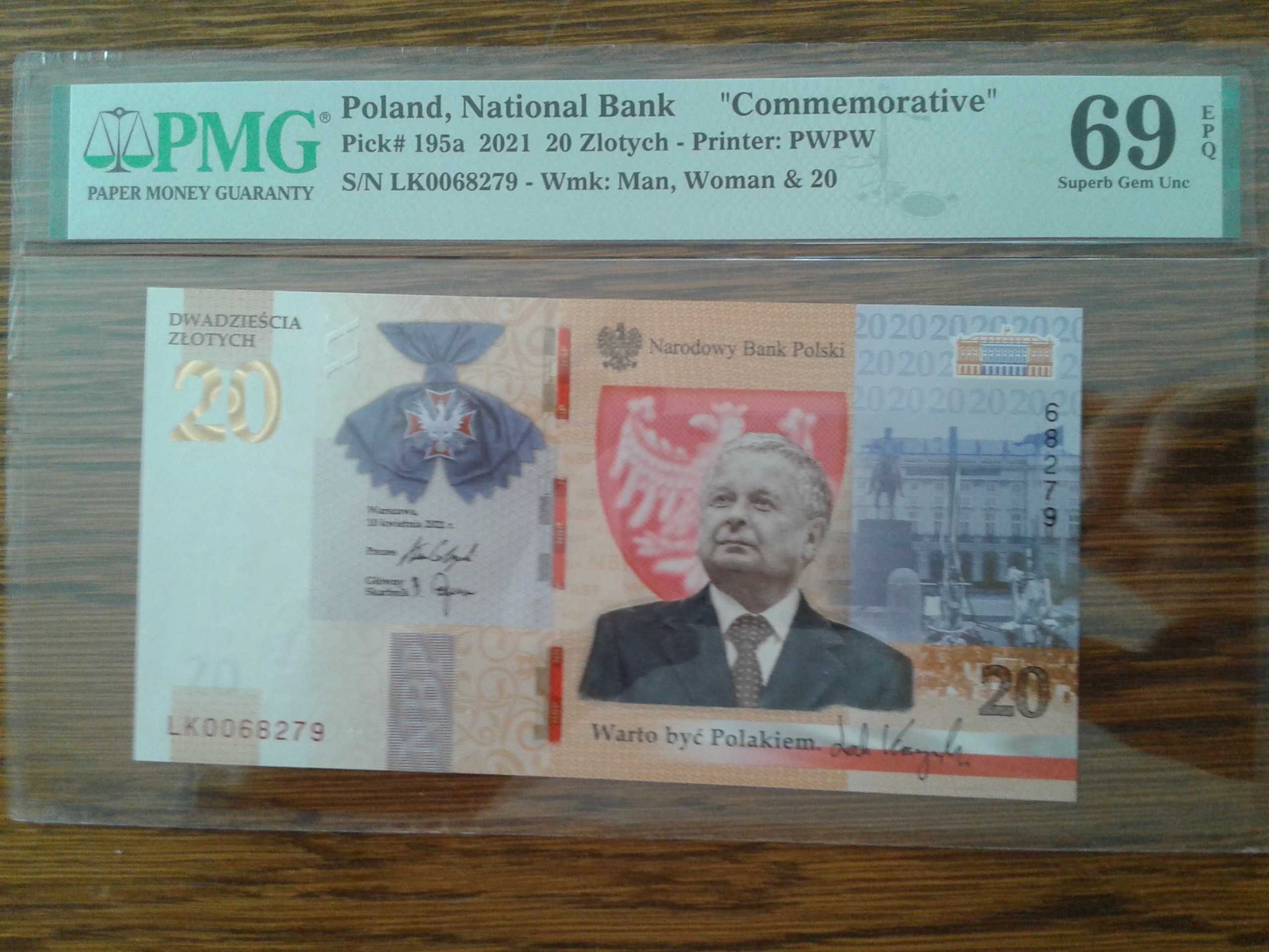 banknot kolekcjonerski- 20 zł Lech Kaczyński - 2021 grading  PMG 69