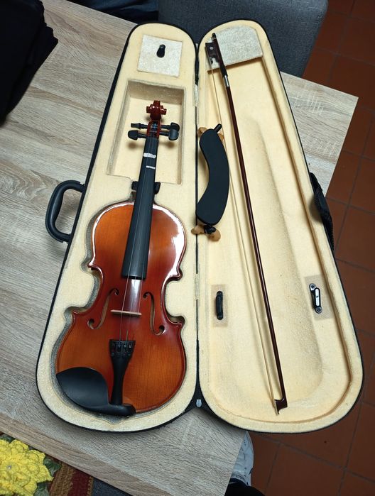 Violino 4/4 + Arco + Estojo + Suporte Wolf — Completo (falta 1 corda)
