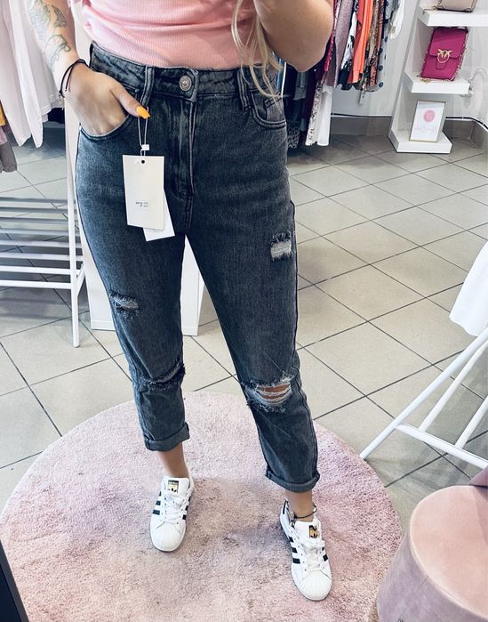 Spodnie jeansowe szare z dziurami mom fit L