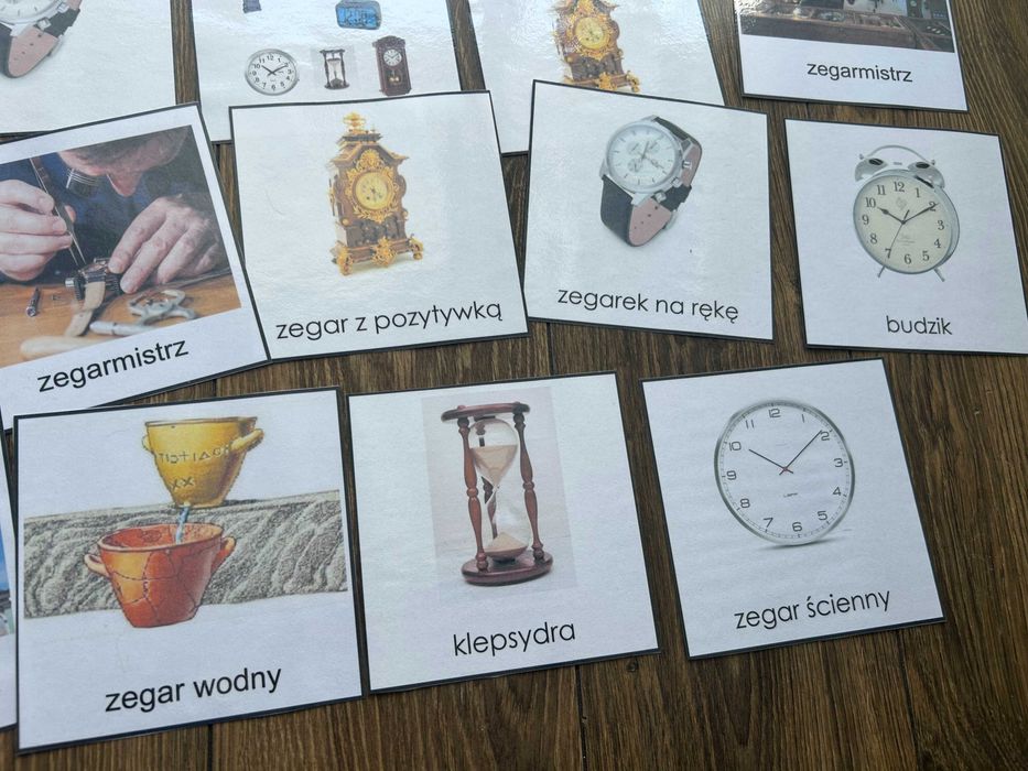 Karty trójdzielne, rodzaje zegarów, zegar, Montessori, do terapii, nau