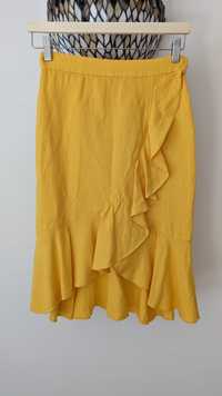 XS spódnica żółta hiszpanka asymetryczna len wiskoza z podszewką