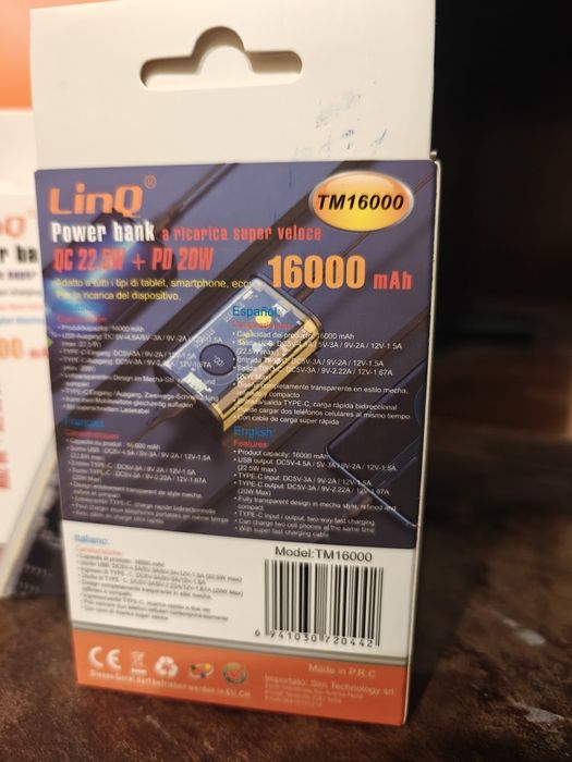 Мегапотужний Повербанк LinQ TM16000 (16000 мА·год, QC 22.5W + PD 20W)