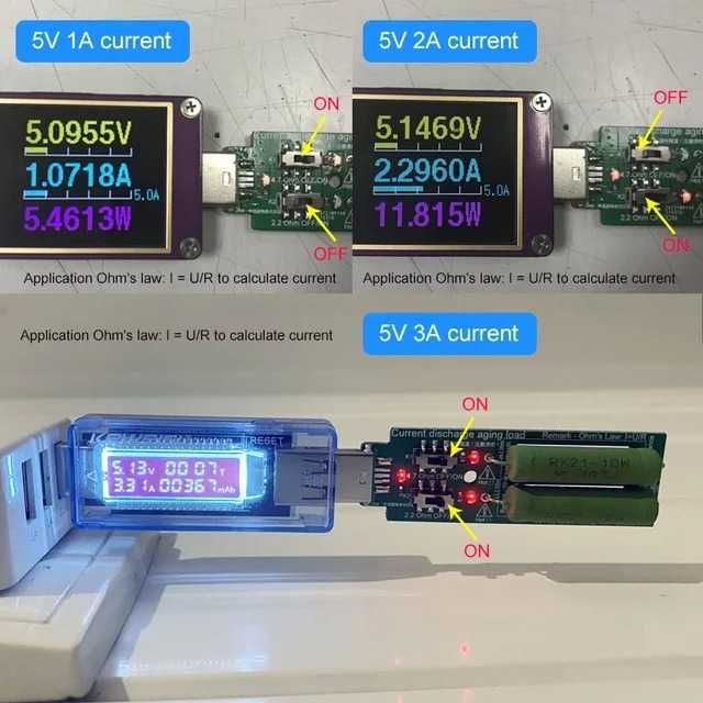 Resistencia de descarga USB para teste baterias com switch - 1A e 2A