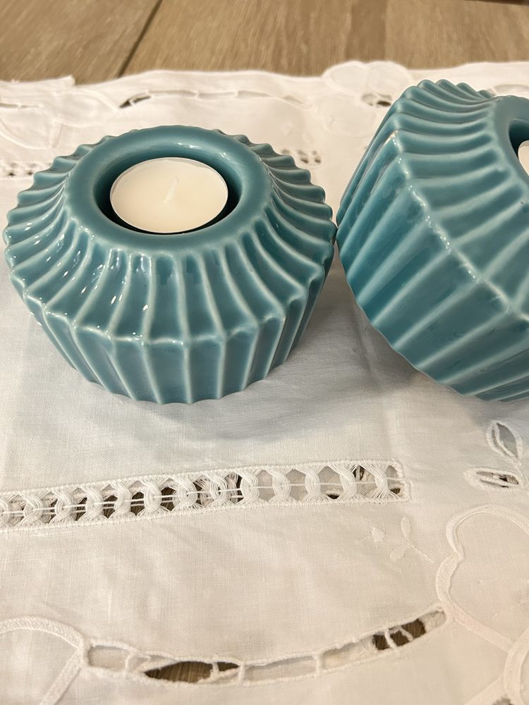Par de porta velaa em porcelana turquesa