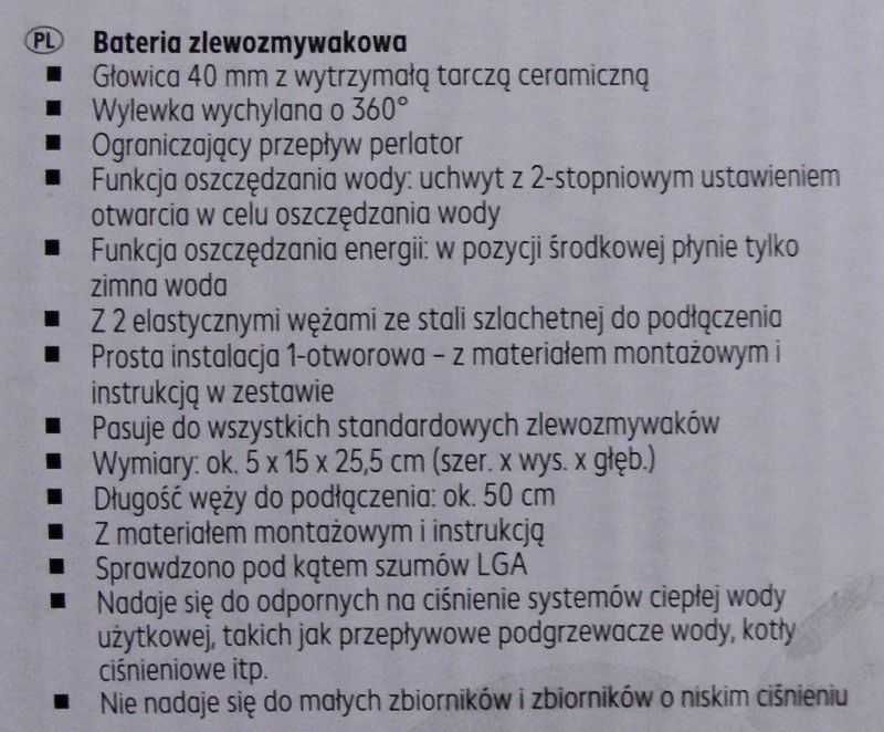 Bateria Zlewozmywakowa oszczędna chrom wylewka 25,5cm