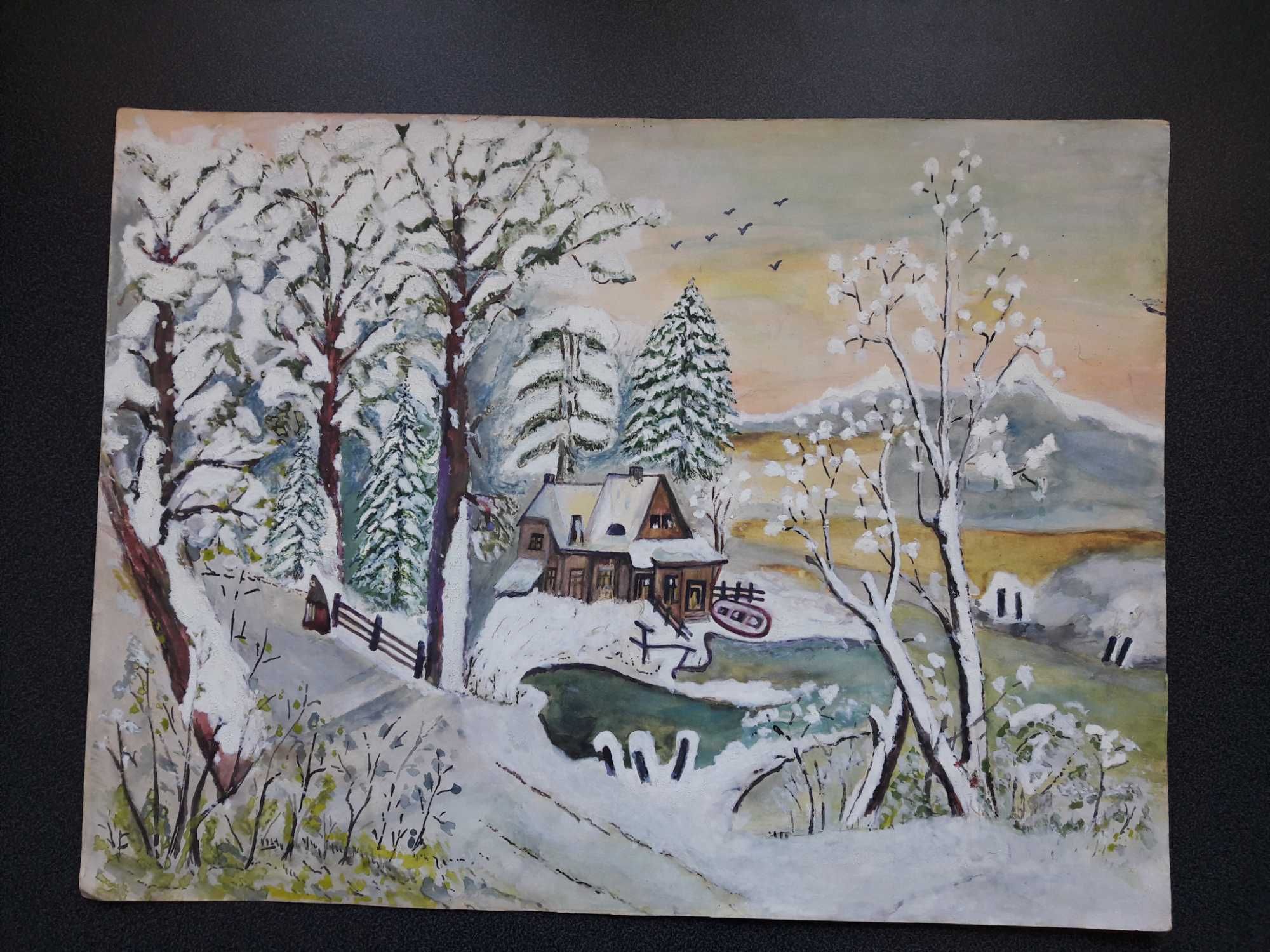 Pejzaż zimowy oryginał, malowany akwarelami na kartonie " lata 50