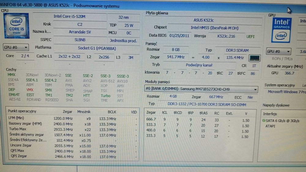 Laptop Asus K52J Intel Core i5 8GB RAM +zasilacz oryginalny bez dysku.