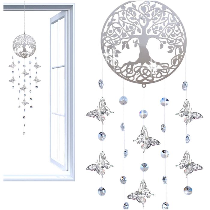 Łapacz Snów Słońca DRZEWKO SZCZĘŚCIA ZAWIESZKA z Motylami Bezbarwna