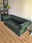 Sofa Chesterfield 3 os. skóra naturalna antykowana, skórzna, zielona