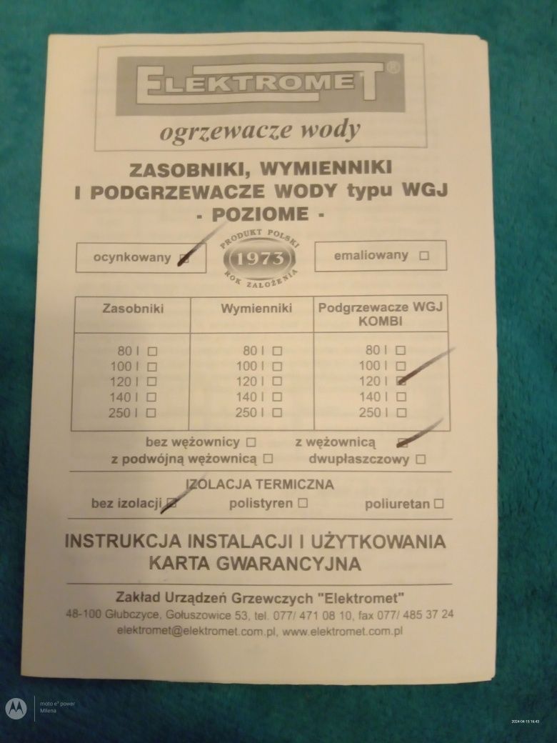 Sprzedam instrukcję instalacji i użytkowania elektromet