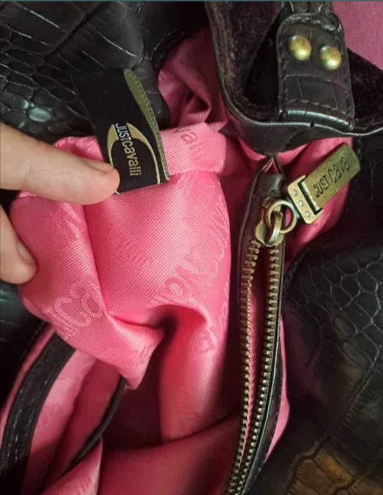 Just Cavalli markowa skórzana totebka do ręki brązowa stan bdb