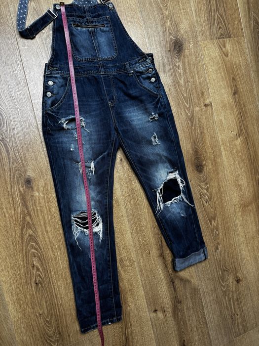 Ogrodniczki jeansowe M długie z dziurami ala ciążowe