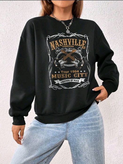 Guitarra & Gráfica Letra Ombro Caído Moletom