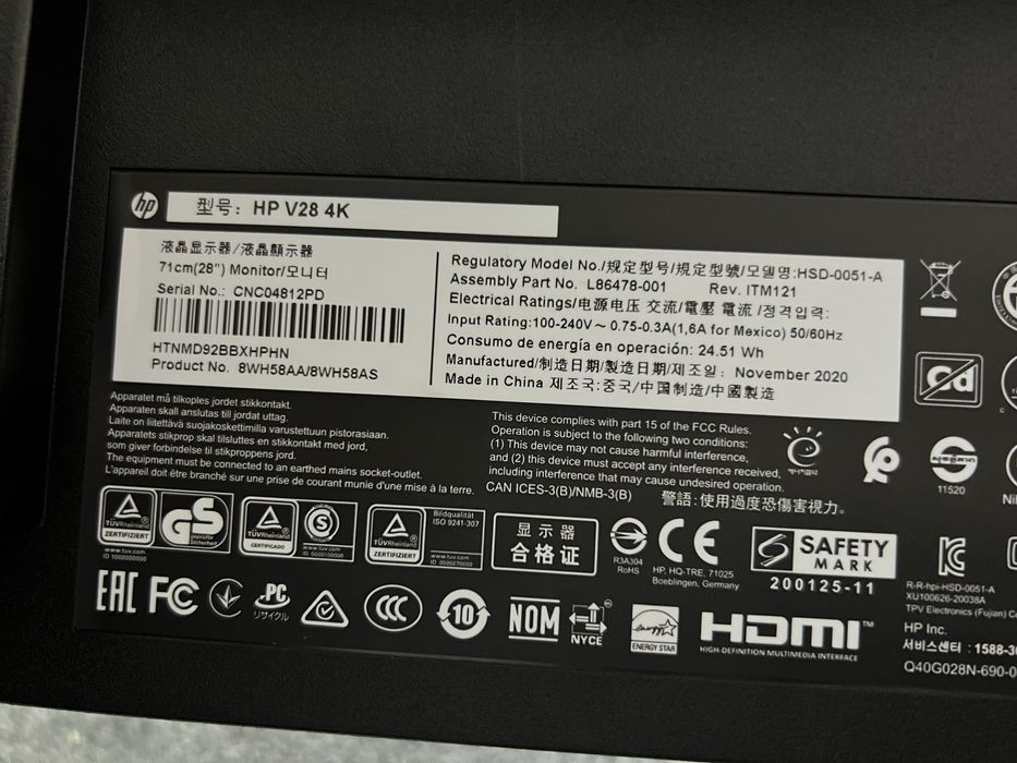 #1501 Monitor HP V28 4K 28” cali UHD 4K