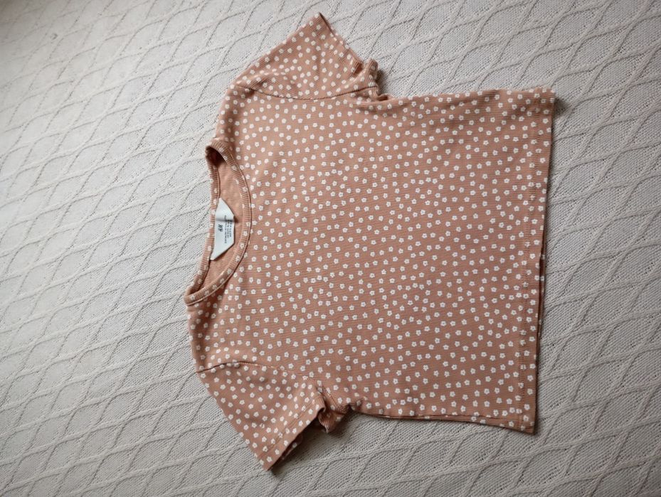 H&M 10-12lat Krótki top koszulka w prążki karmelowa w kwiatki bawełna
