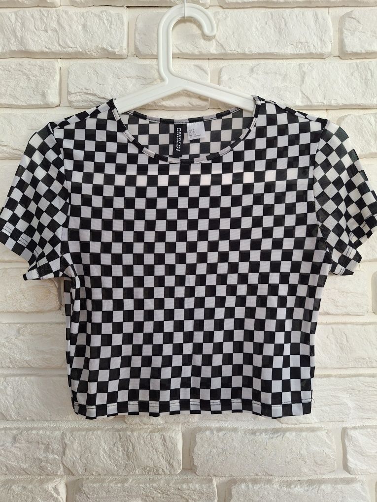 H&M Krótki Top siateczkowy w szachownicę Chessboard S