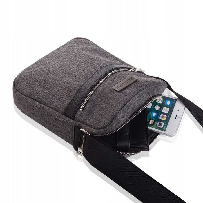 BETLEWSKI Torba Męska Listonoszka Materiałowa Sportowa Na Pasku Szara