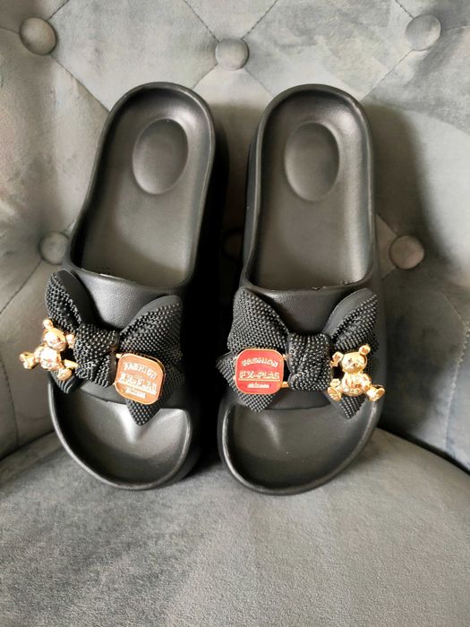 Klapki sandały na platformie złote misie złoto czarne 40 41