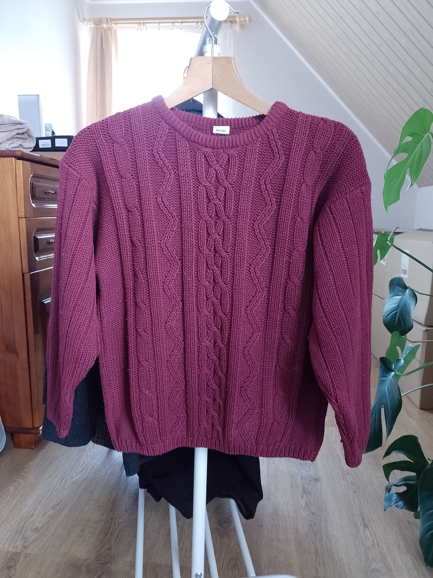 Bordowy sweter XS S gruby splot