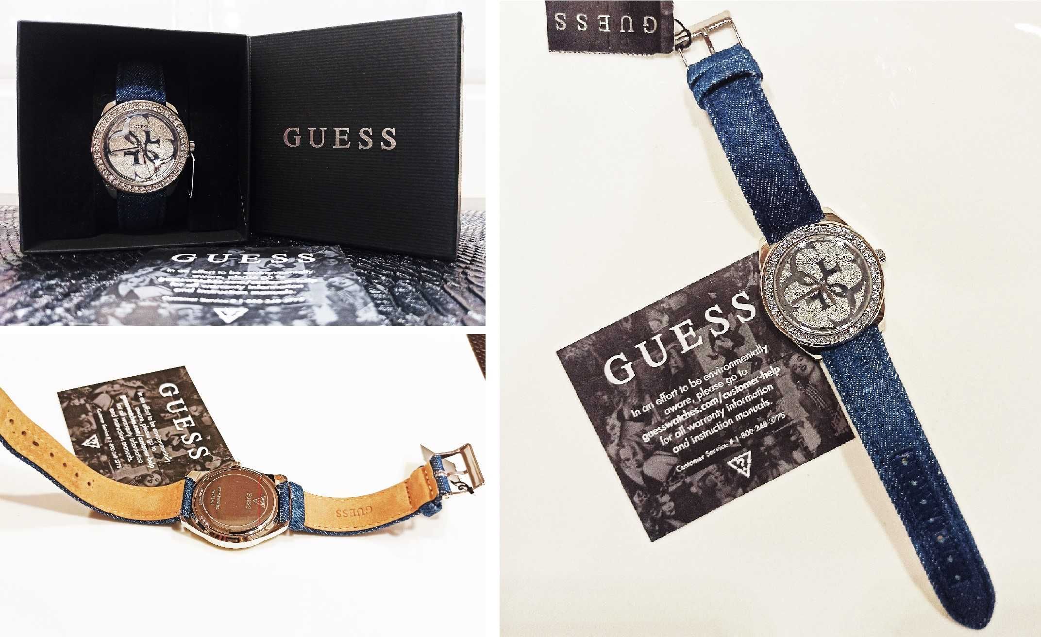 GUESS 4G Oryginalny Zegarek Cyrkonie Skorzany Denim Jeans Dzinsowy