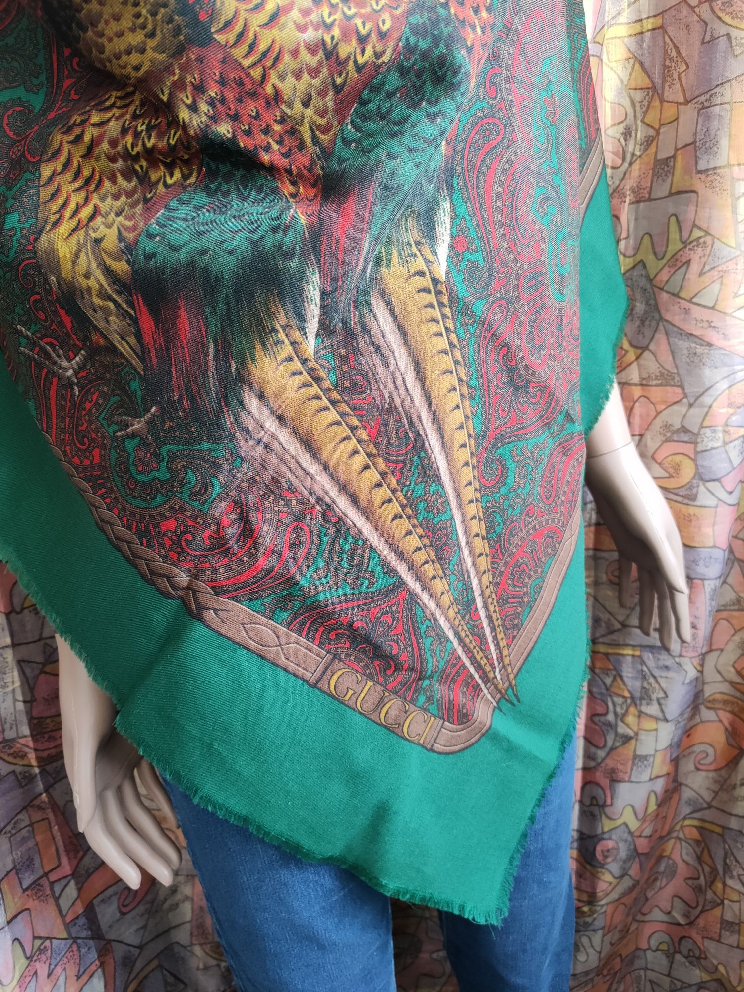 Шерстяной винтажный огромный платок фазаны сумка седло  Gucci