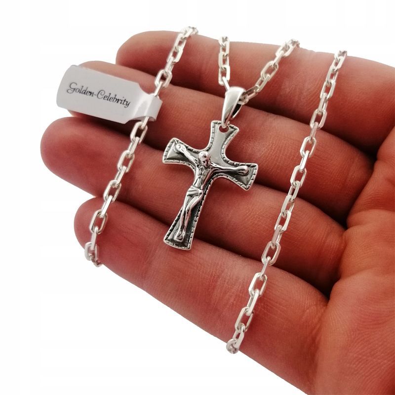 Srebrny Łańcuszek Ankier + Krzyżyk Jezus 925 Prezent Dla Chłopczyka Ch