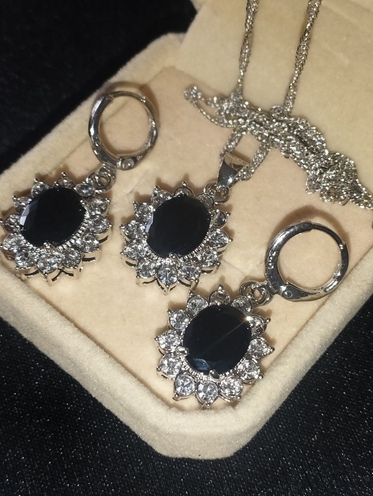 Колье серьги цепочка Black Zirconia серебро