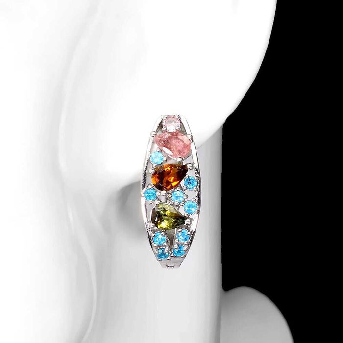 Серебряные серьги с цветным турмалином 2х6мм и апатитом