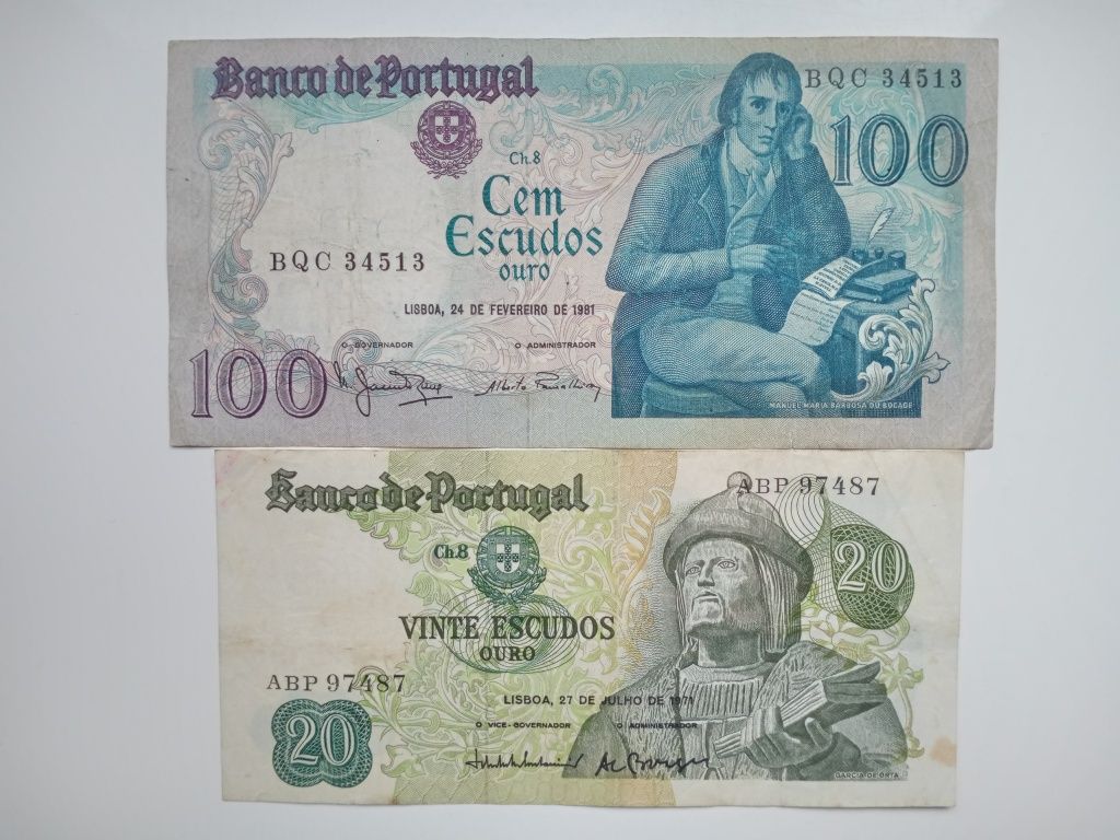 Banknoty Portugalia - 4 szt. 20,20,100 i 100 escudos z 1971/1981 r.