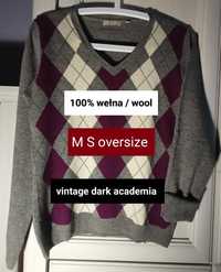 S M oversize wełniany sweter romby 100 wełna vintage jak nowy woolmark